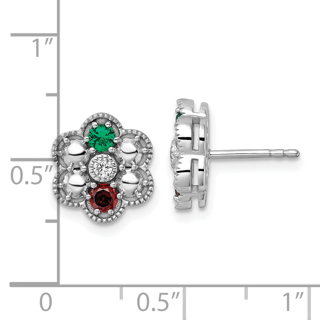 14K White Gold Diamond Flower 2 Genuine Birthstone Complete Earrings
