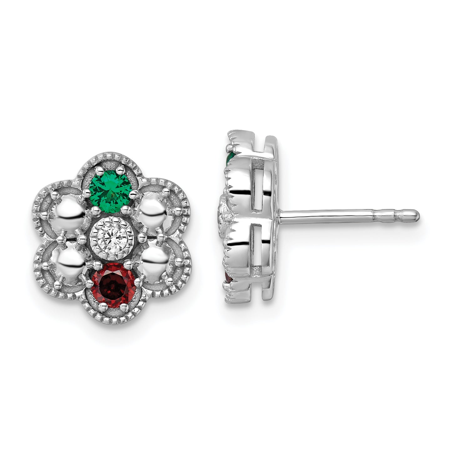 14K White Gold Diamond Flower 2 Genuine Birthstone Complete Earrings