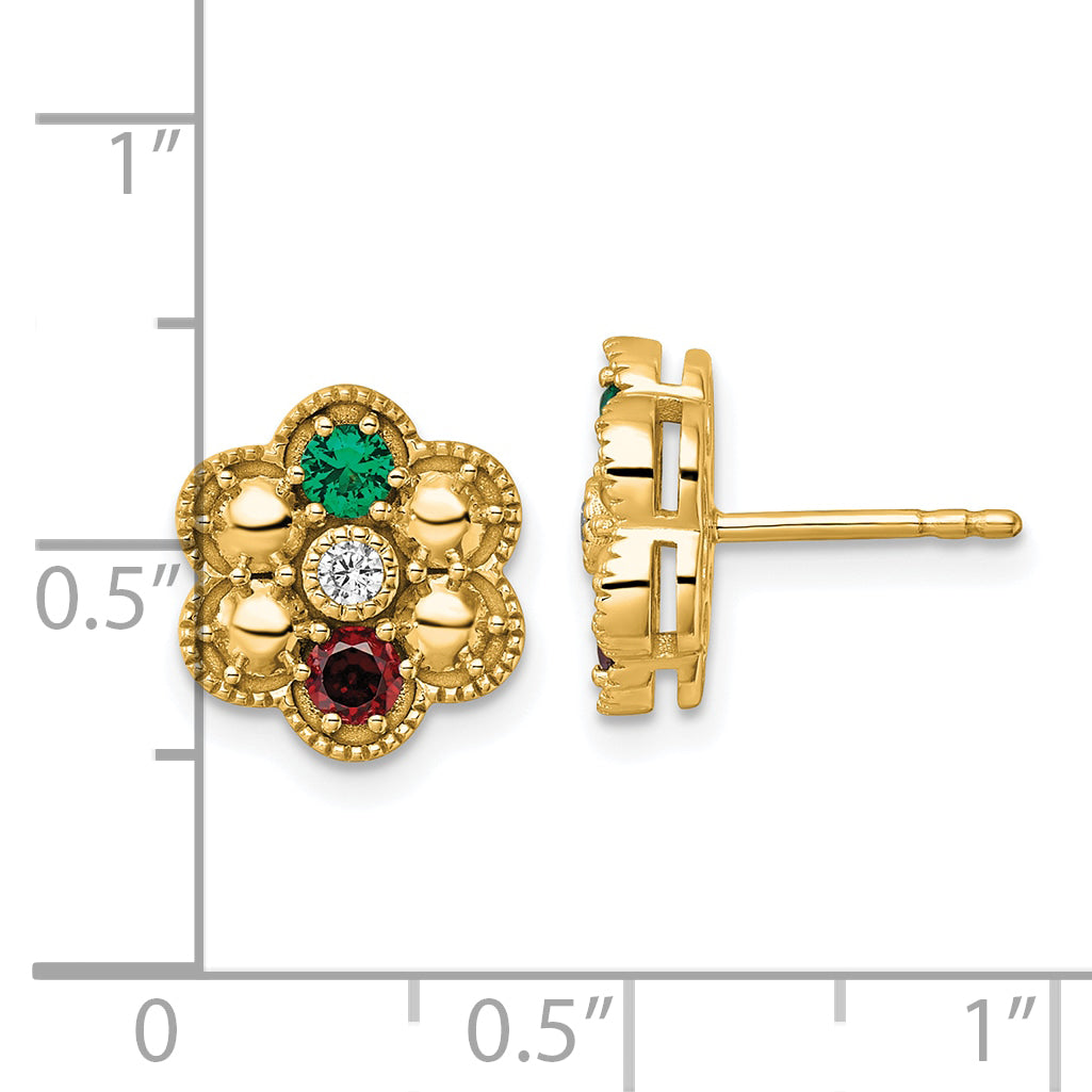 14K Yellow Gold Diamond Flower 2 Synthetic Birthstone Complete Earrings
