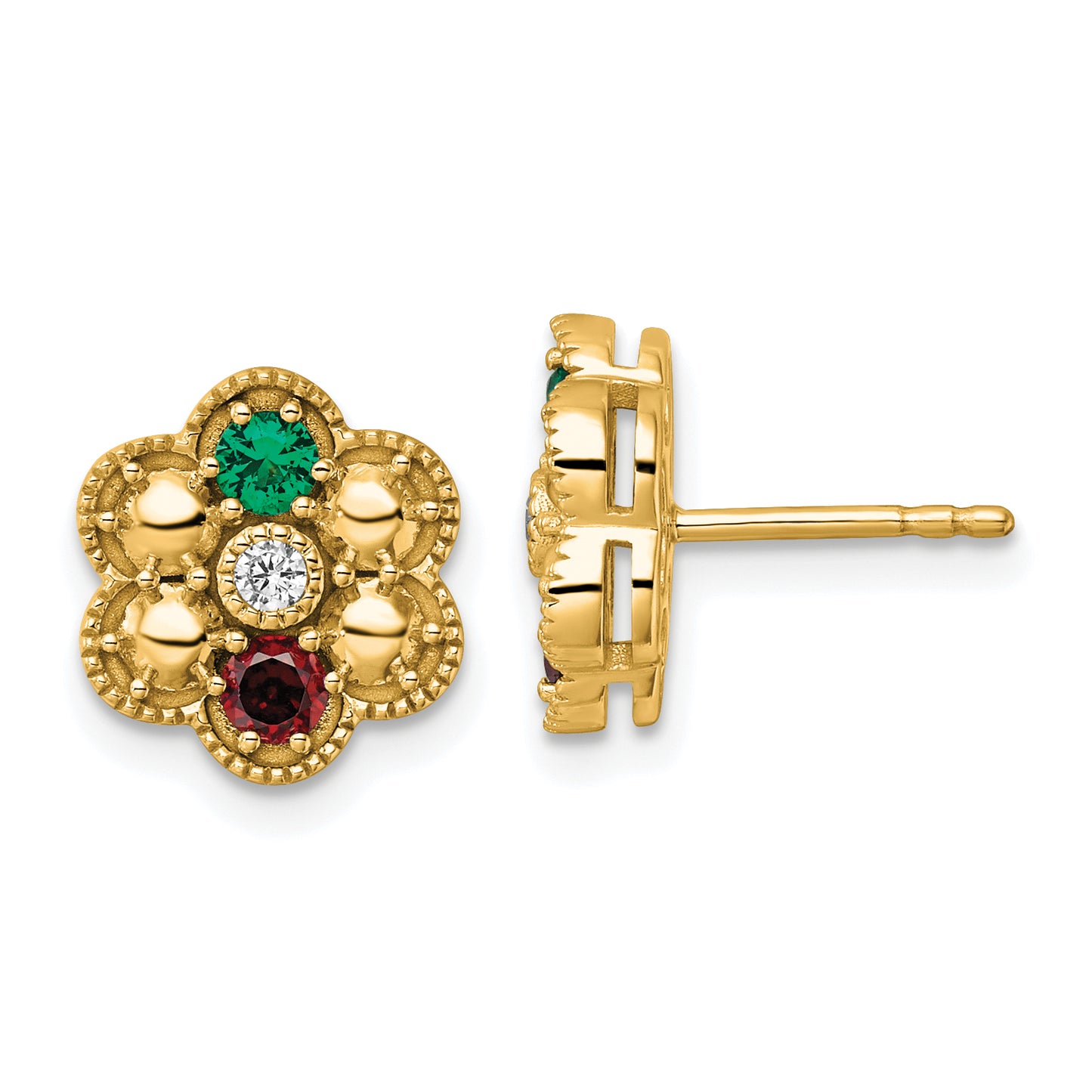 14K Yellow Gold Diamond Flower 2 Synthetic Birthstone Complete Earrings