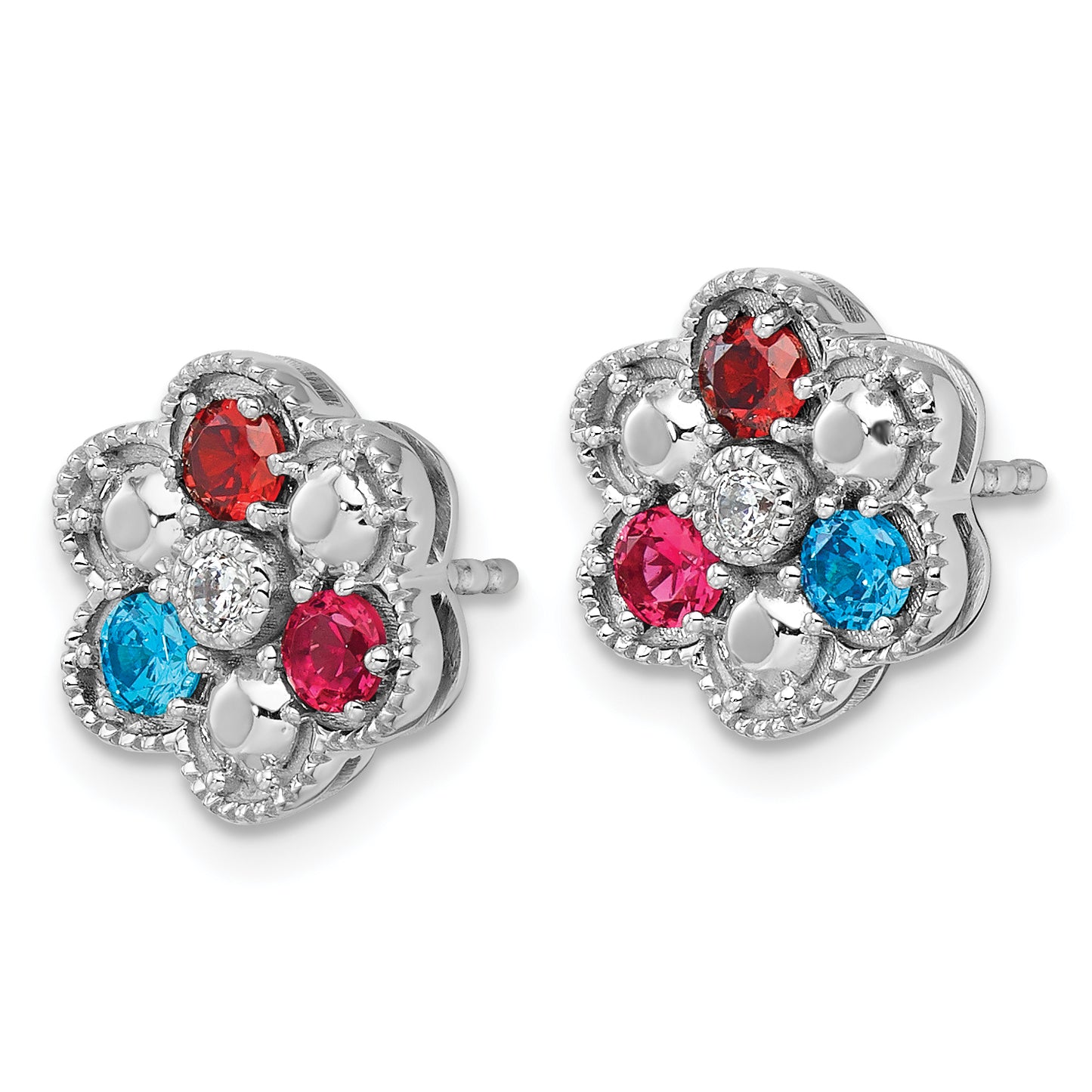14K White Gold Diamond Flower 3 Synthetic Birthstone Complete Earrings