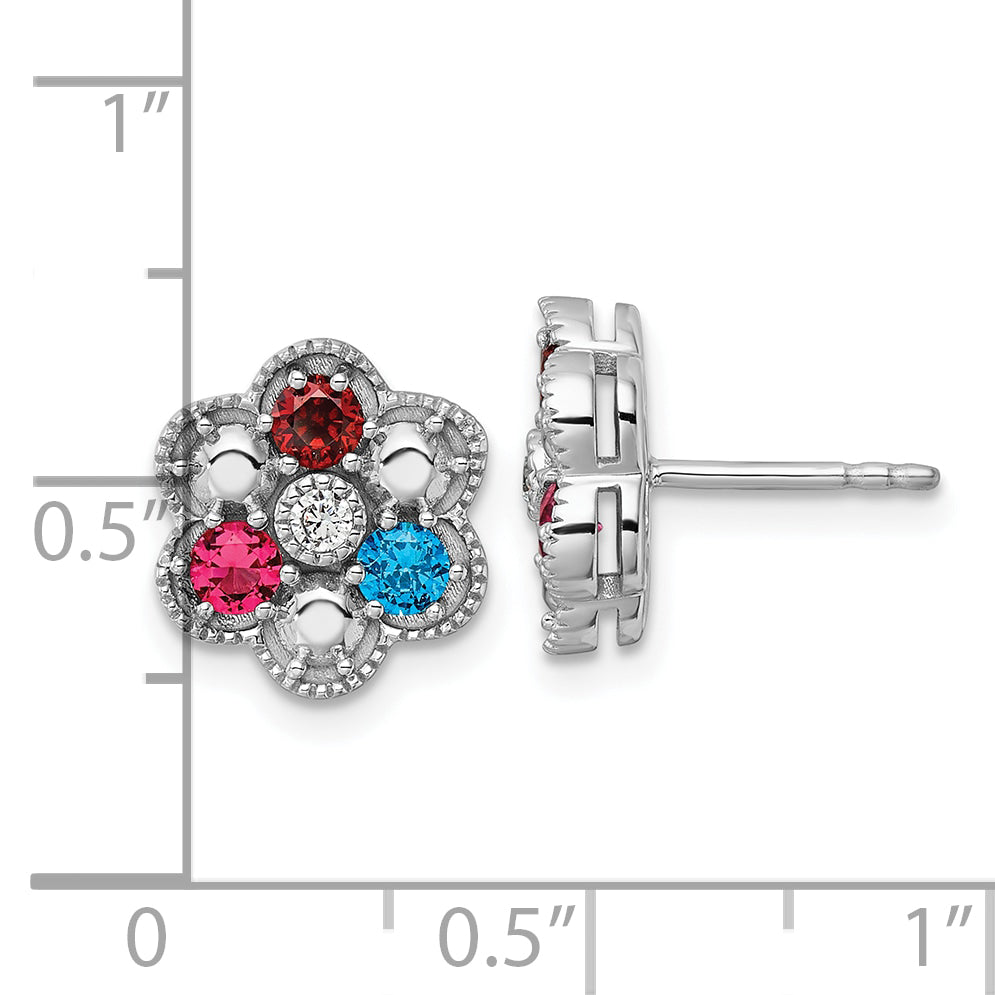 14K White Gold Diamond Flower 3 Synthetic Birthstone Complete Earrings