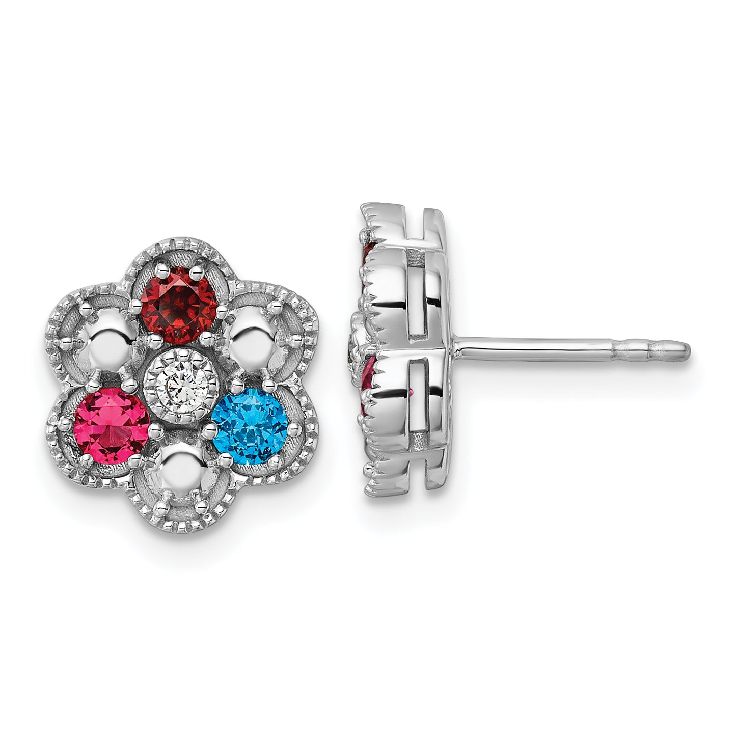 14K White Gold Diamond Flower 3 Synthetic Birthstone Complete Earrings