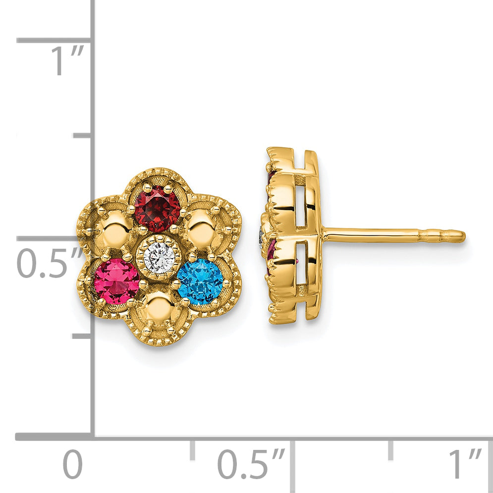 14K Yellow Gold Diamond Flower 3 Genuine Birthstone Complete Earrings