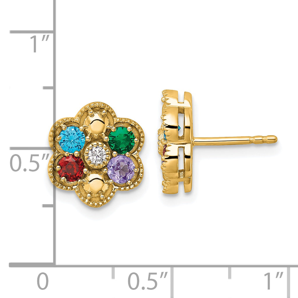 14K Yellow Gold Diamond Flower 4 Genuine Birthstone Complete Earrings