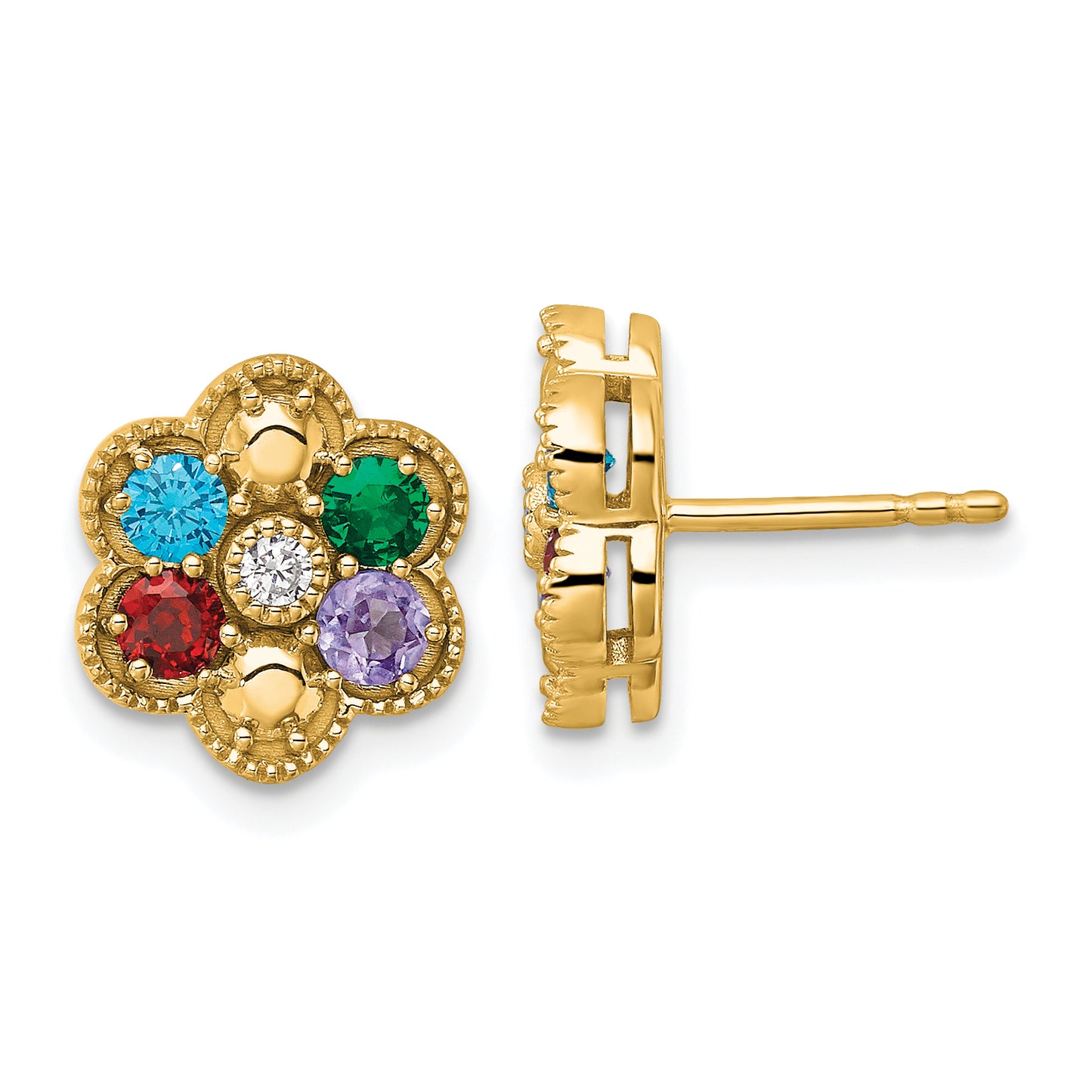 14K Yellow Gold Diamond Flower 4 Genuine Birthstone Complete Earrings