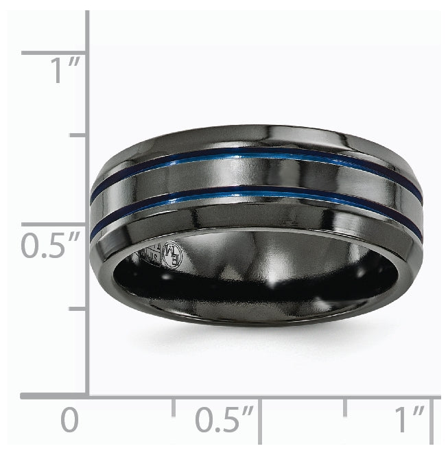 Edward Mirell Titanium Black Titanium with Blue Anodized Grooves Beveled Edge 8mm Band, Size 7.5
