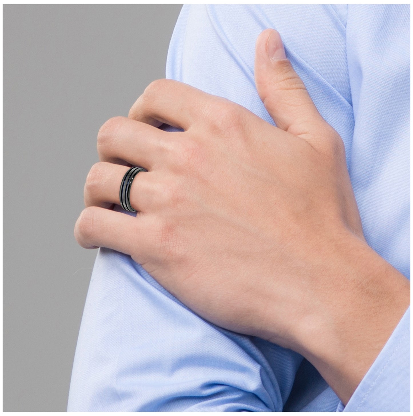 Edward Mirell Black Titanium Beveled & Grooved Blue Anodized 6mm Band, Size 12.5