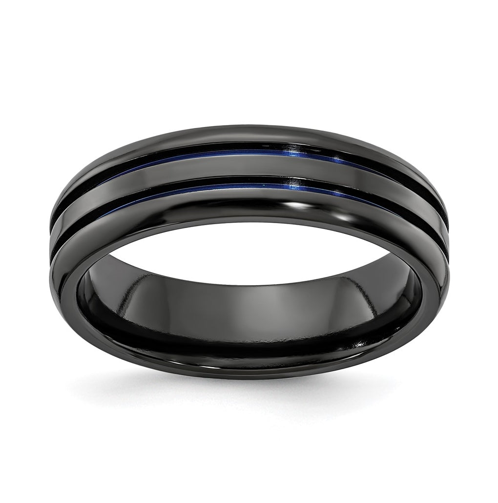 Edward Mirell Black Titanium Beveled & Grooved Blue Anodized 6mm Band, Size 11.5
