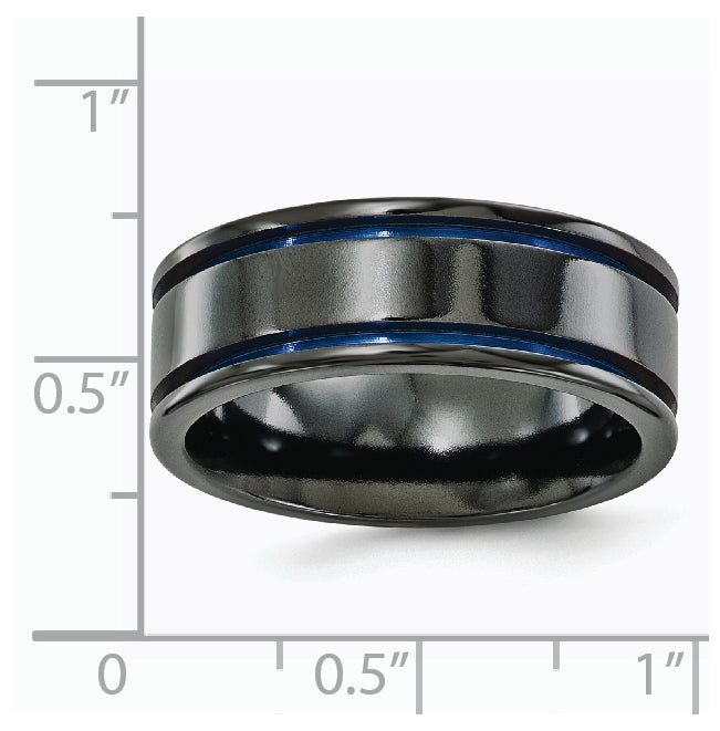 Edward Mirell Titanium Black Titanium with Blue Anodized Grooves Flat 8mm Band, Size 8.5
