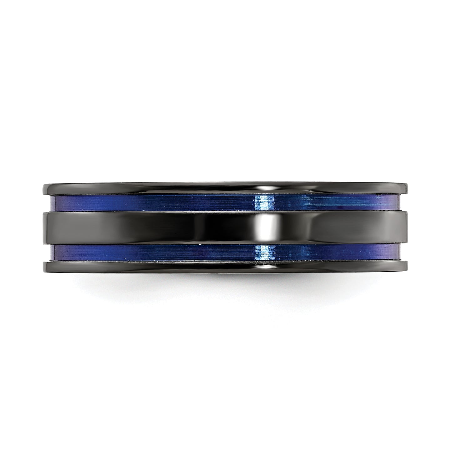 Edward Mirell Titanium Black Titanium Grooved Blue Anodized 6mm Band, Size 10.5