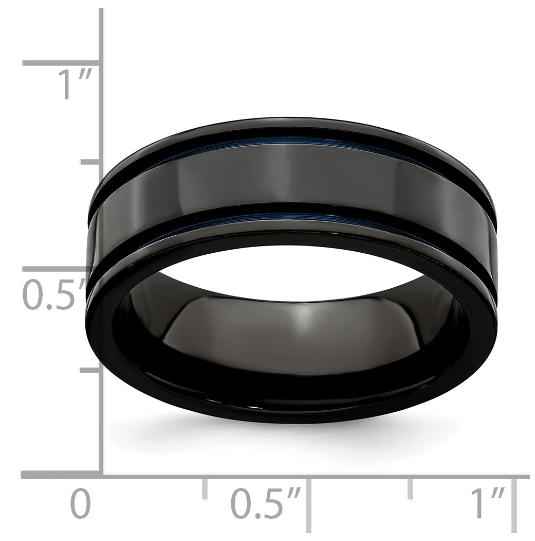 Edward Mirell Titanium Black Titanium with Blue Anodized Grooves Flat 8mm Band, Size 12