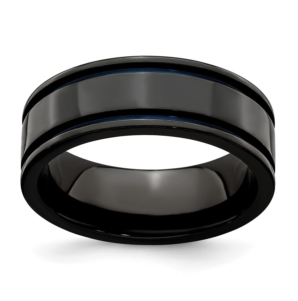 Edward Mirell Titanium Black Titanium with Blue Anodized Grooves Flat 8mm Band, Size 7.5