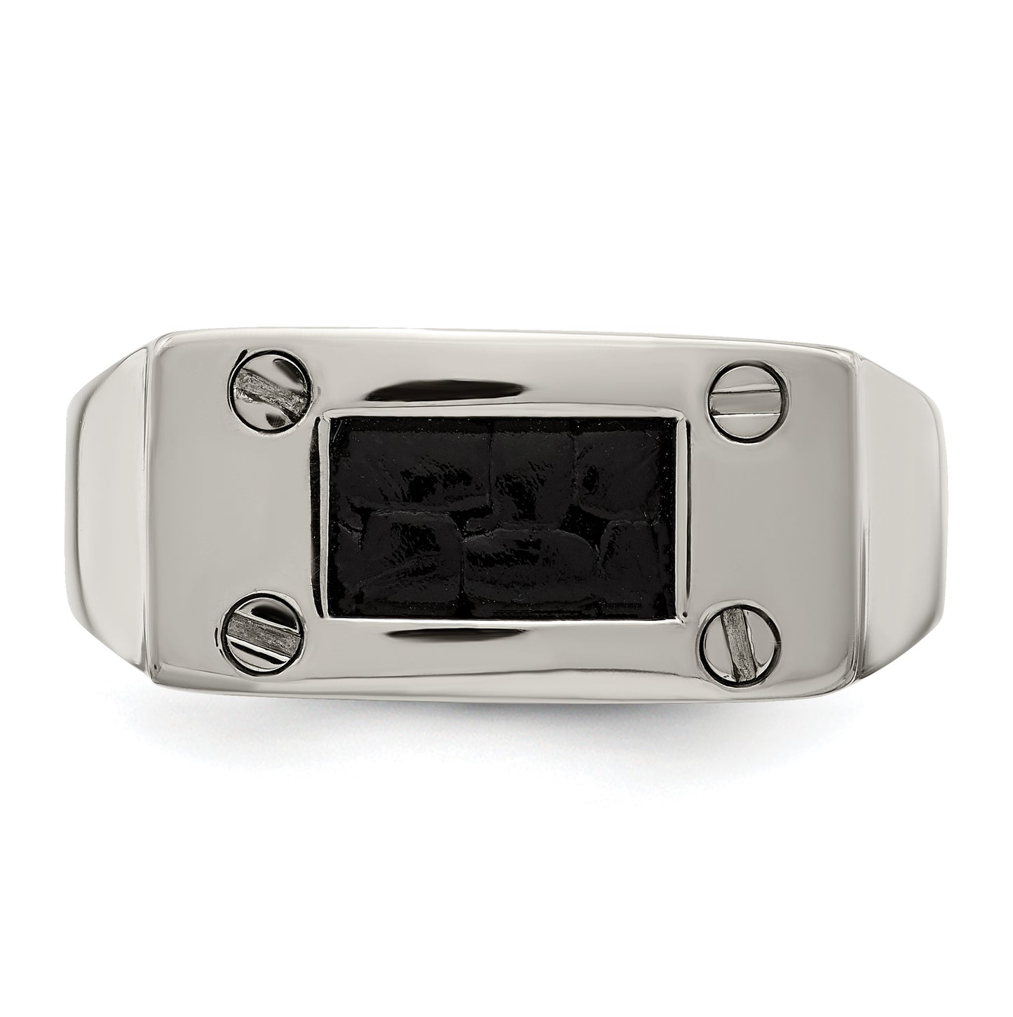 Edward Mirell Titanium Black Leather Insert Polished Ring, Size 12