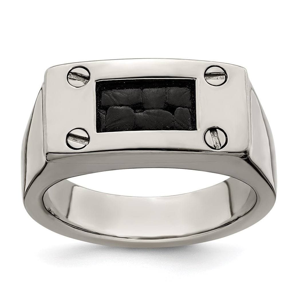Edward Mirell Titanium Black Leather Insert Polished Ring, Size 13