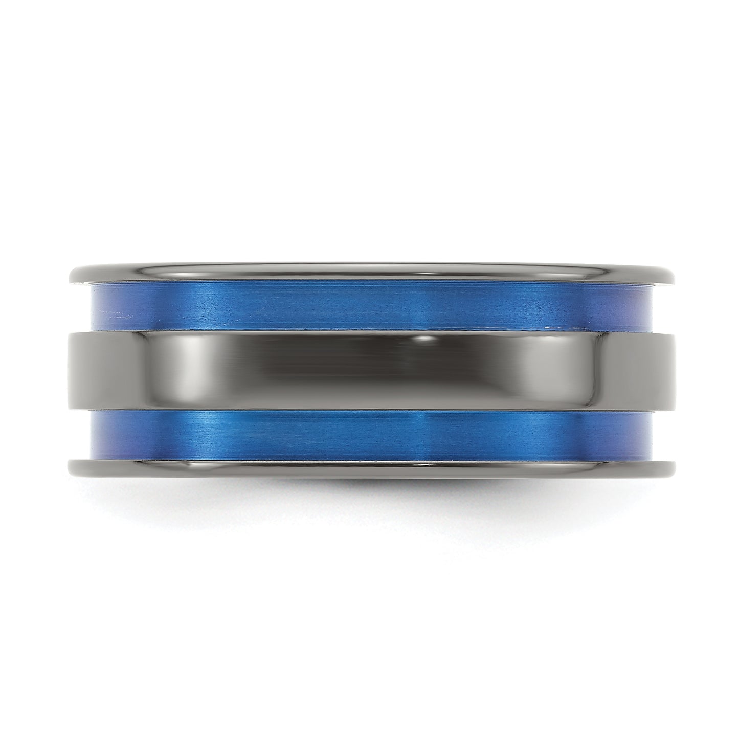 Edward Mirell Black Titanium Grooved Blue Anodized 8mm Band, Size 9