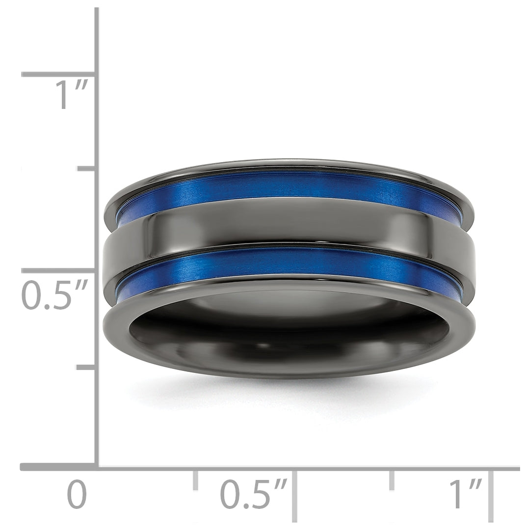 Edward Mirell Black Titanium Grooved Blue Anodized 8mm Band, Size 9