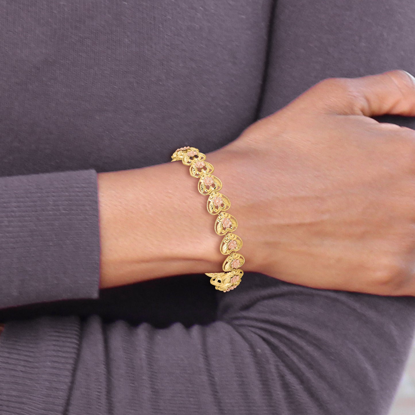 14k Two-tone Diamond Cut Heart with Flowers 7.25in Bracelet