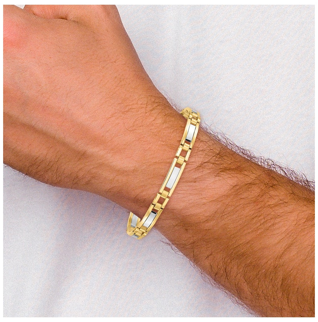 14K Two-Tone Gold Polished and Satin 8.5in Mens Link Bracelet – Elegant Jewelry Gift for Birthday, Anniversary, Engagement, Wedding