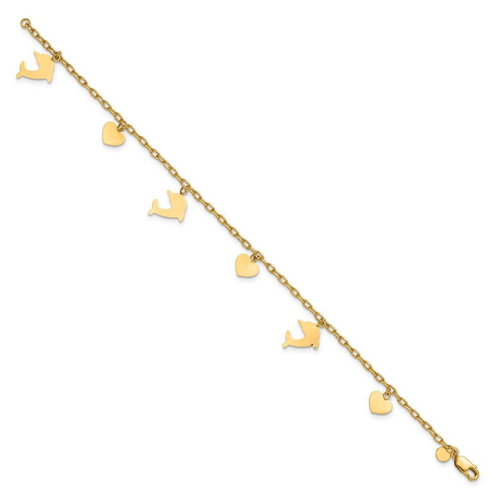 1/20 14K Gold Filled Dolphin and Heart Dangles 7in Bracelet