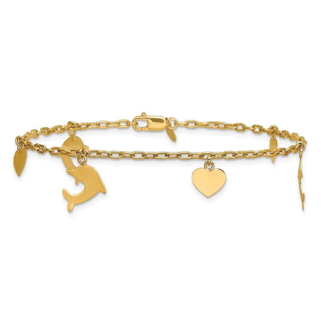 1/20 14K Gold Filled Dolphin and Heart Dangles 7in Bracelet