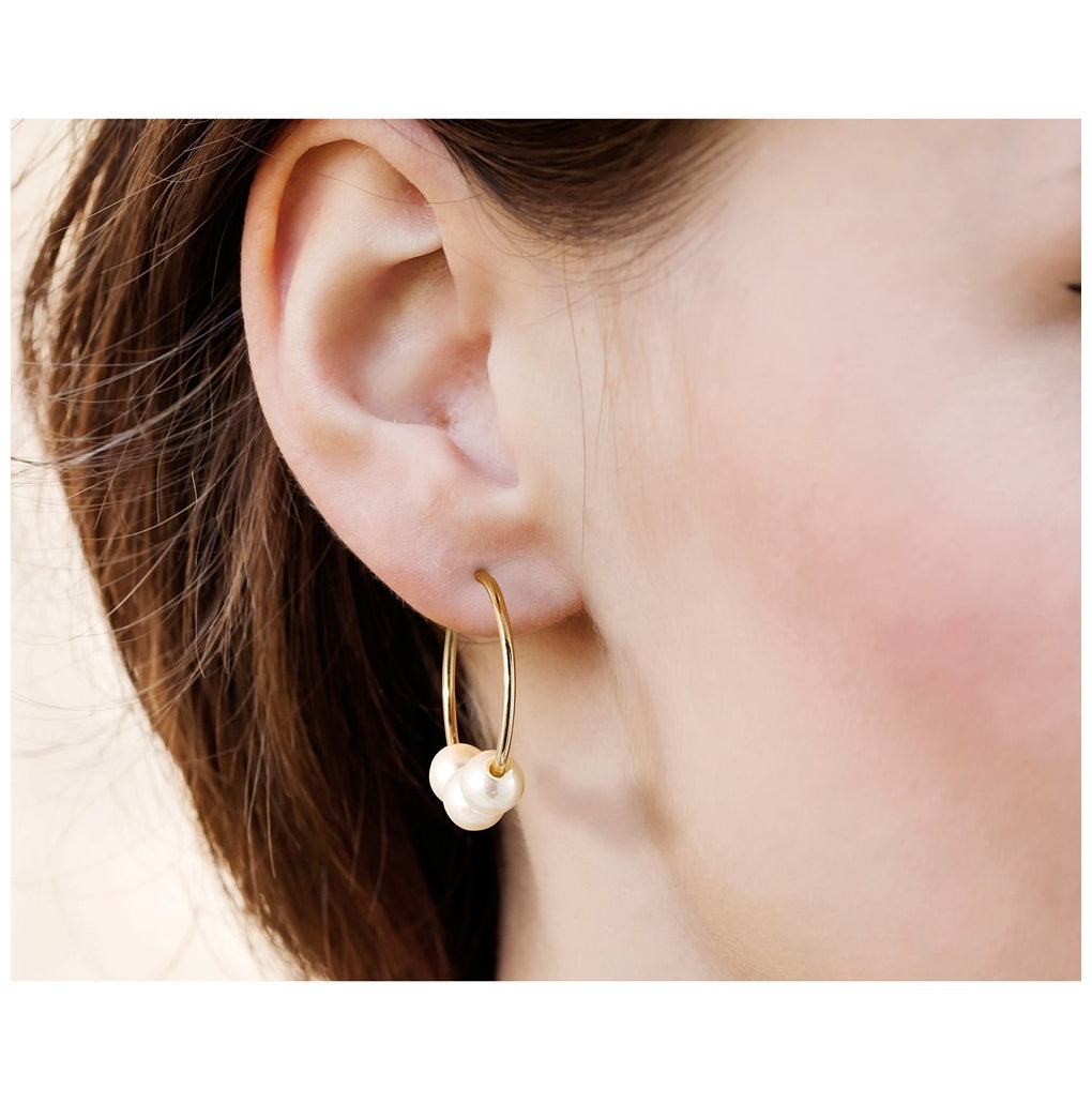 1/20 14K Gold Filled 5-6mm 3 Round White Freshwater Culture Pearl Hoop Earrings