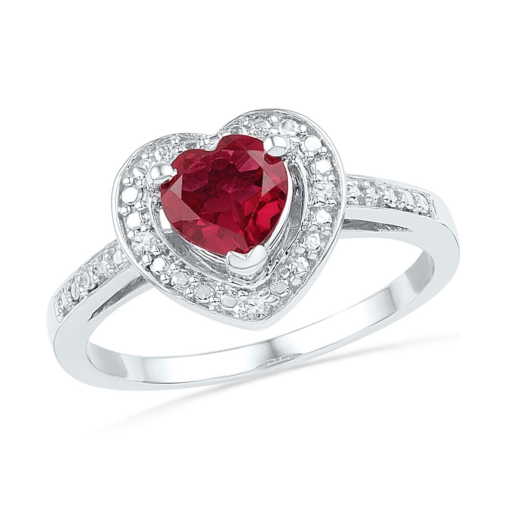 Sterling Silver Womens Round Synthetic Ruby Heart Diamond Ring 1 Cttw, Womens Size: 5-10