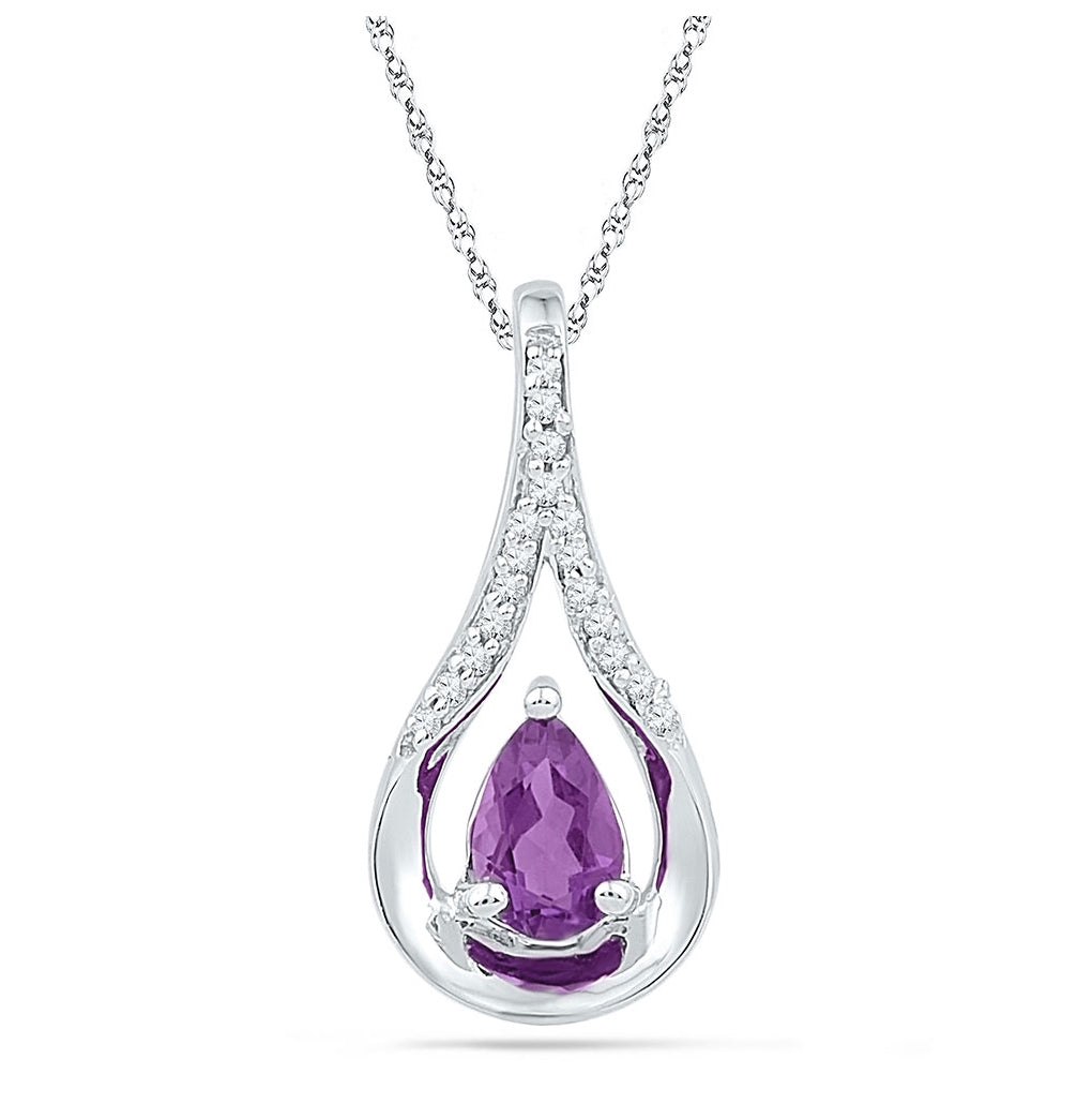 Sterling Silver Womens Pear Synthetic Amethyst Solitaire Diamond Teardrop Pendant 1/2ctw, Width: 0.35 In