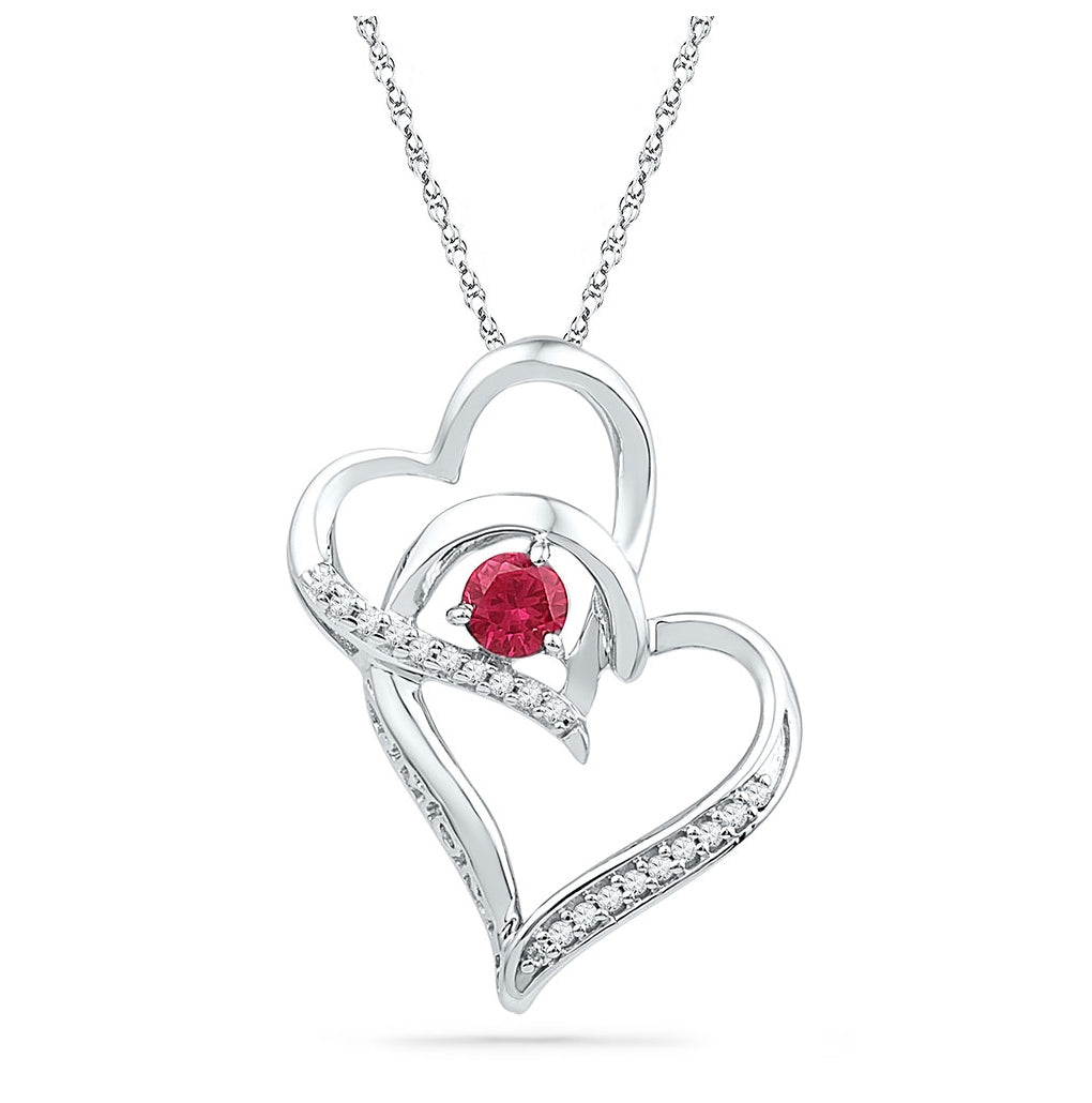 Sterling Silver Womens Round Synthetic Ruby Double Heart Pendant 1/3ctw, Width: 0.6 In