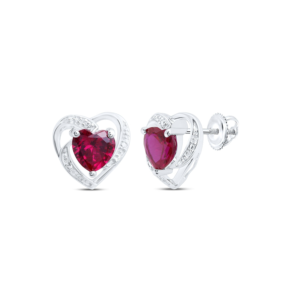 Sterling Silver Womens Round Synthetic Ruby Heart Earrings 2-1/5ctw, Length: 0.4 Inch Width: 0.41 Inch