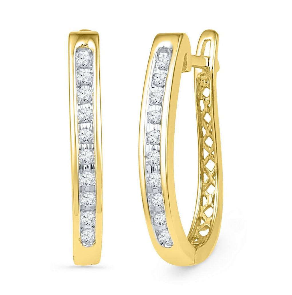 10K Yellow Gold Womens Round Diamond Slender Single Row Oblong Hoop Earrings 1/5 Cttw, Length: 0.73 In, Width: 0.11 In