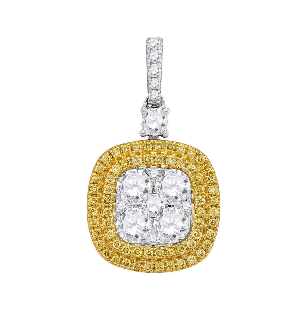 18kt White Gold 18kt White Gold Womens Round Yellow Diamond Square Cluster Pendant 1.00 Cttw