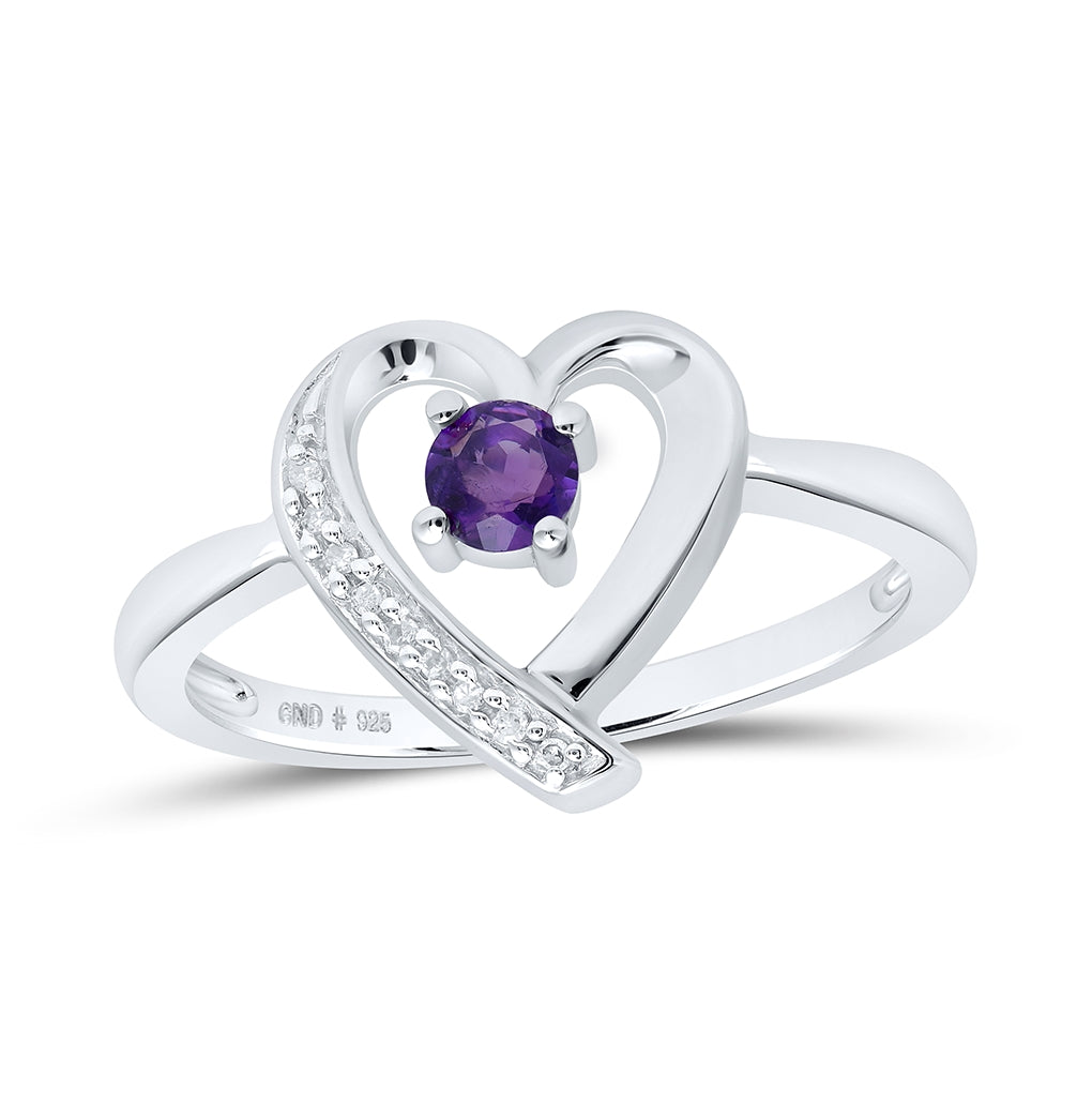 Sterling Silver Womens Round Synthetic Amethyst Diamond Heart Ring 1/4 Cttw, Womens Size: 5-10
