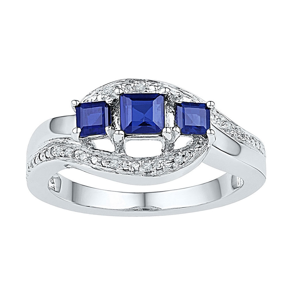 Sterling Silver Womens Princess Lab-created Blue Sapphire 3-stone Ring 7/8 Cttw