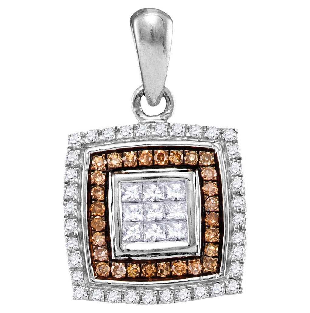 10K Yellow Or White Gold Womens Round Brown Diamond Square Pendant 1/3 Cttw