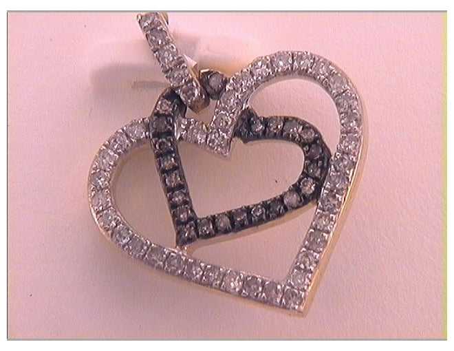 10kt Yellow Gold Womens Round Brown Diamond Double Linked Heart Pendant 1/4 Cttw