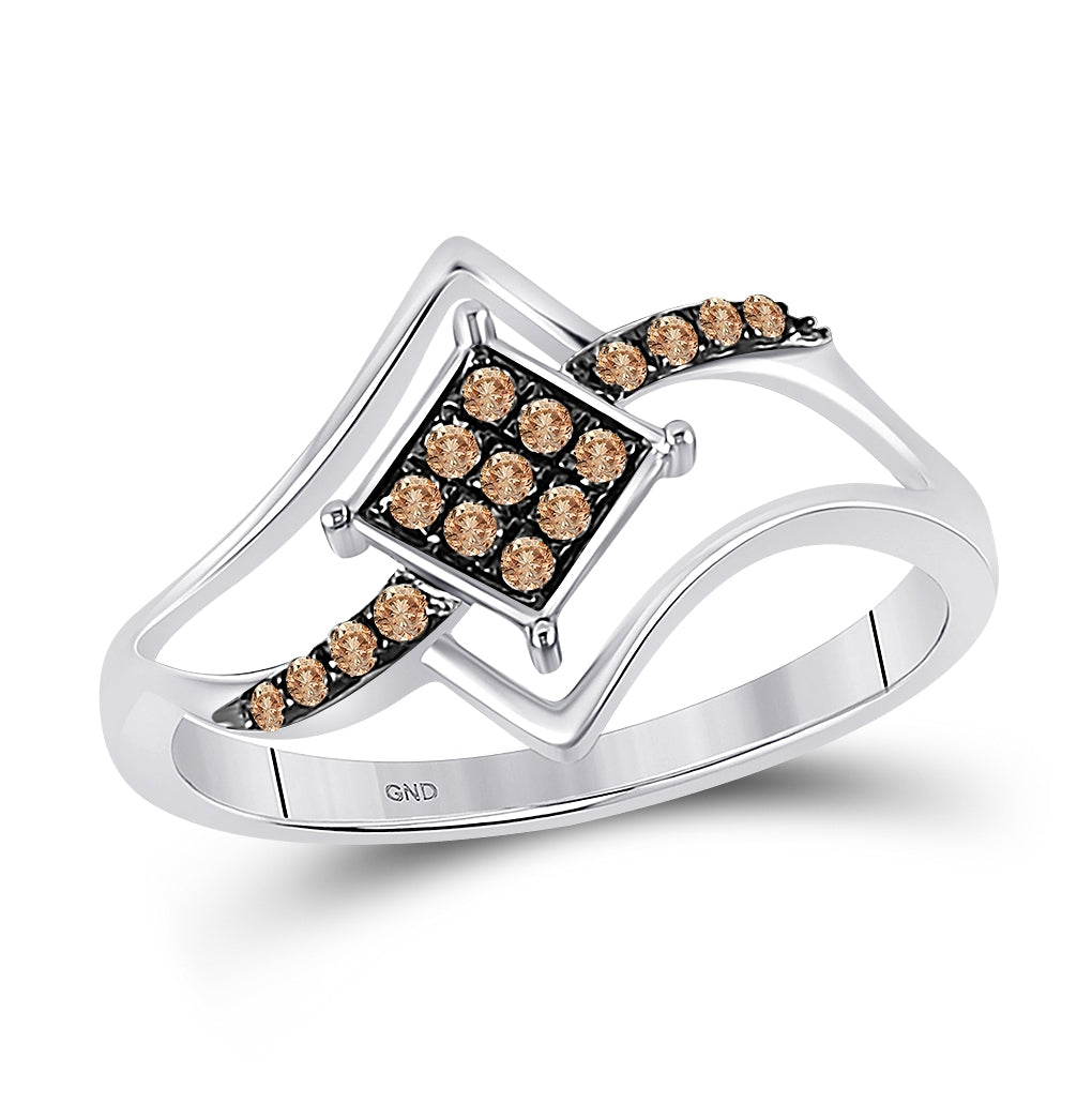 10K White Gold Womens Round Brown Diamond Square Cluster Ring 1/6 Cttw, Womens Size: 5-10