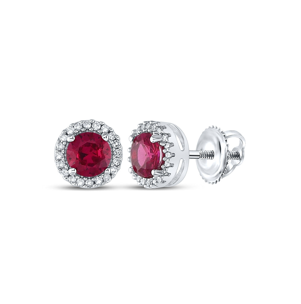 10K White Gold Womens Round Synthetic Ruby Diamond Stud Earrings 1-1/3 Cttw, Length: 0.28 In, Width: 0.28 In