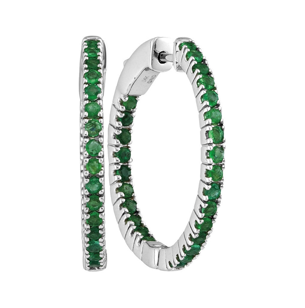 14kt White Gold Womens Round Natural Emerald Hoop Earrings 1-1/4 Cttw