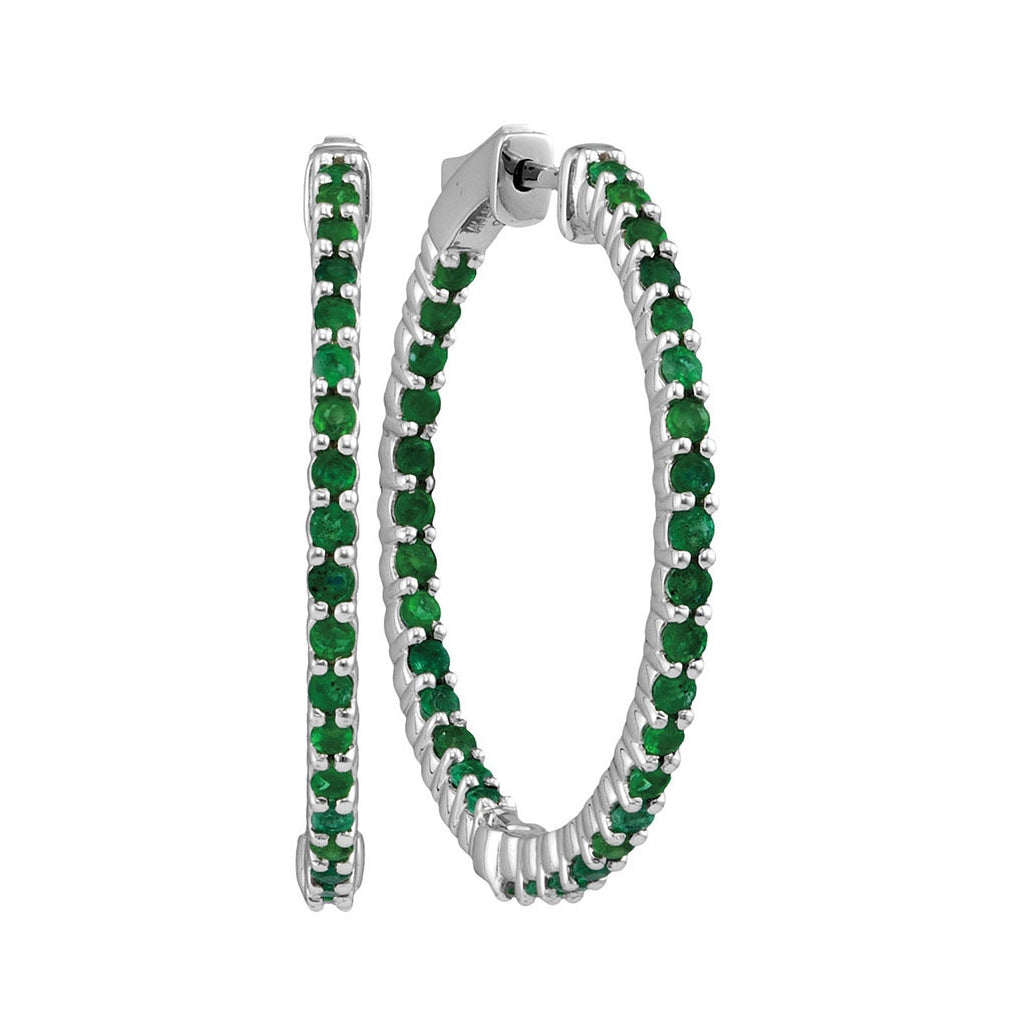 14kt White Gold 2 Cttw Diamond Emerald Hoops Earrings