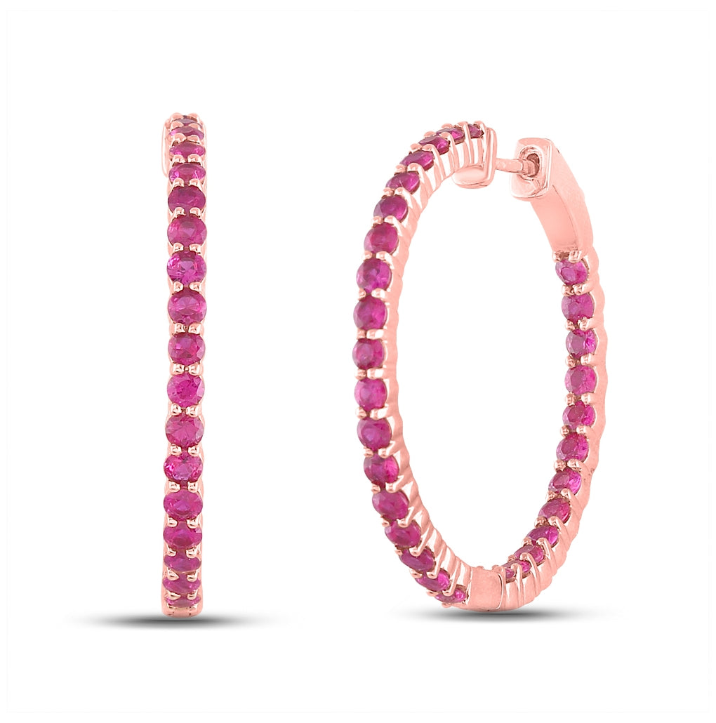 14kt Rose Gold 3 3/4ctw Diamond Ruby Natural Gem Hoops Earring