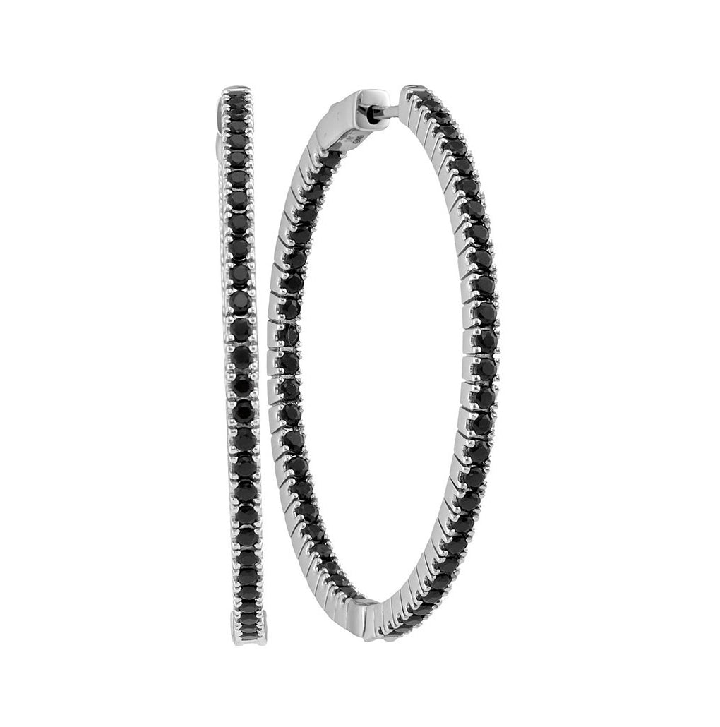 14kt White Gold Womens Round Black Sapphire Slender Inside Outside Hoop Earrings 3-3/4 Cttw