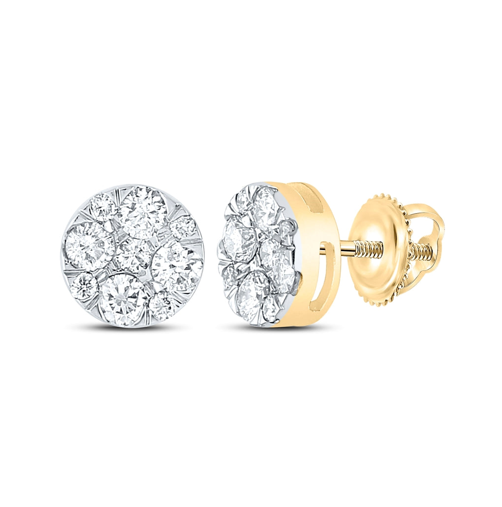 14K Yellow Gold Womens Round Diamond Flower Cluster Earrings 1 Cttw