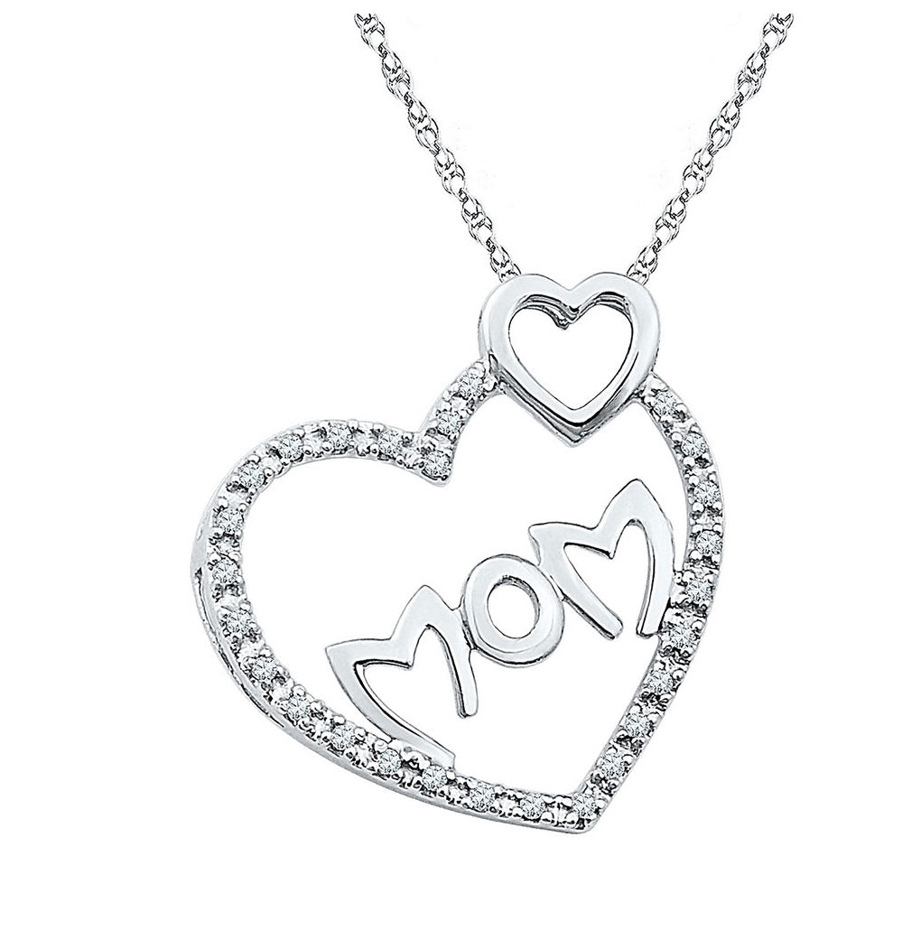 Sterling Silver Womens Round Diamond Mom Double Heart Pendant 1/10ctw, Width: 0.68 In