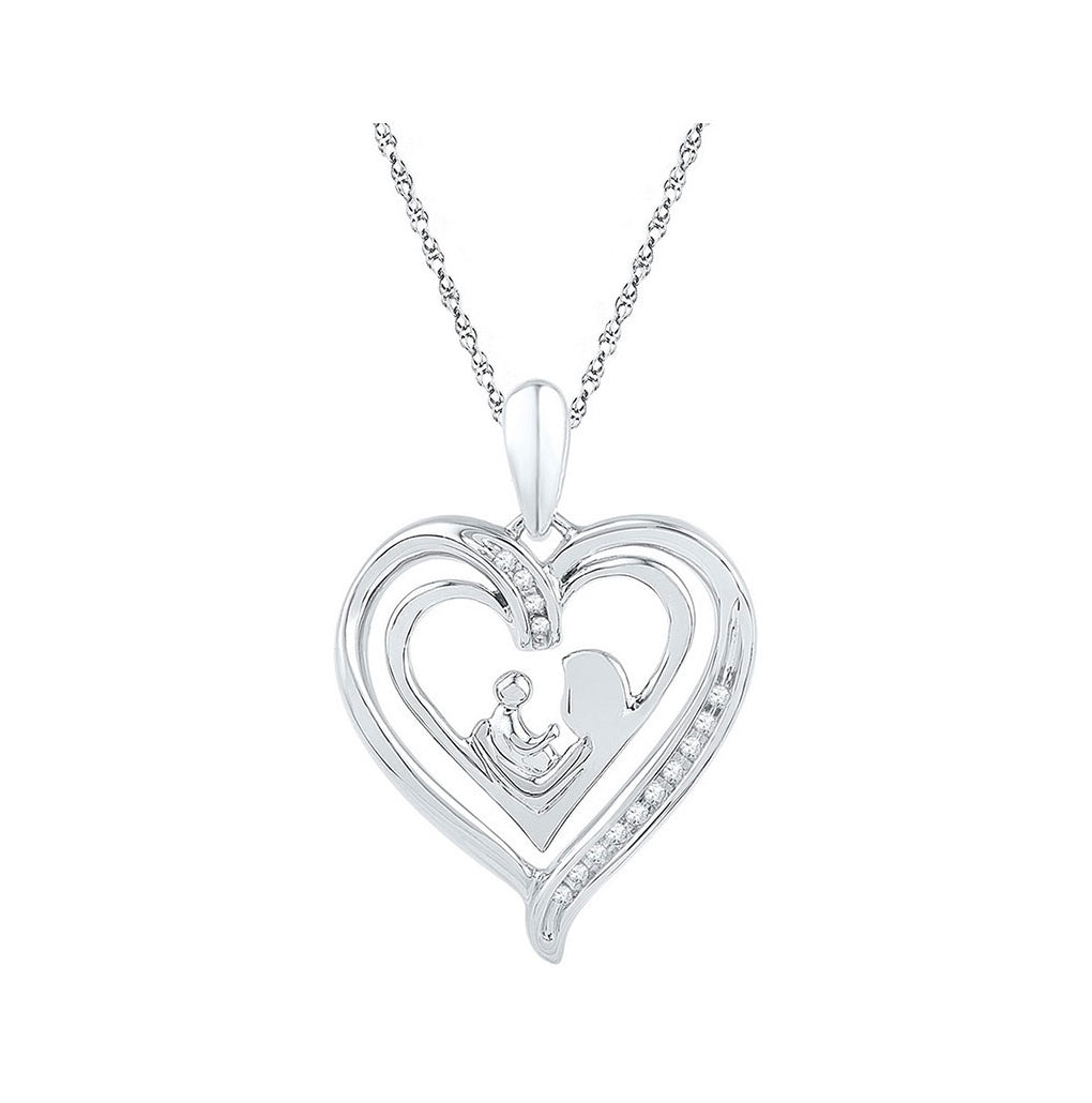 Sterling Silver Womens Round Diamond Mom Child Heart Pendant 1/20ctw, Width: 0.7 In