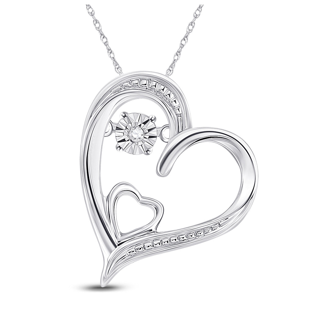 Sterling Silver Womens Round Diamond Double Heart Moving Twinkle Pendant .01ctw, Width: 0.56 In