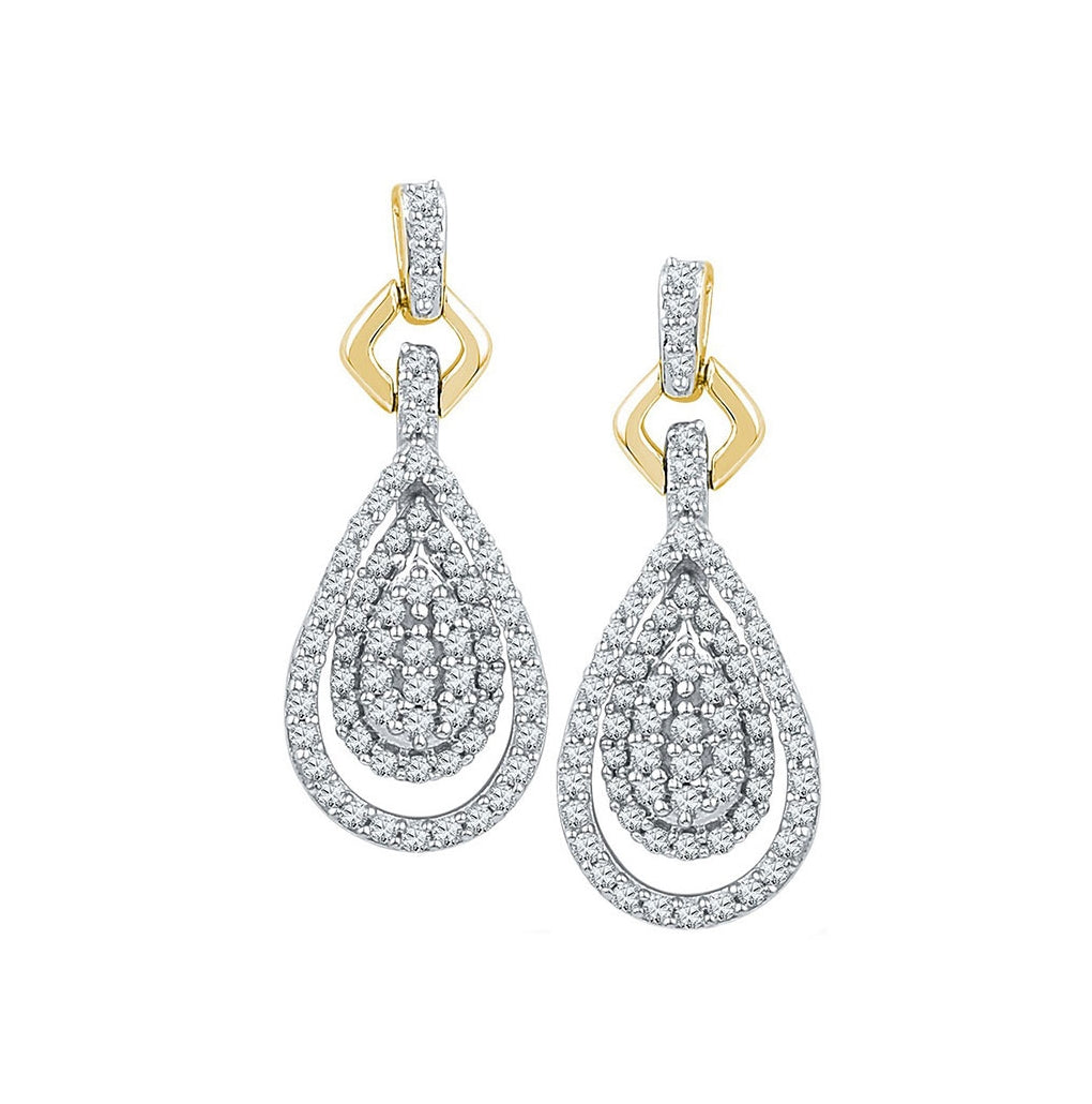 10kt Yellow Gold Womens Round Diamond Teardrop Cluster Dangle Earrings 1/2 Cttw