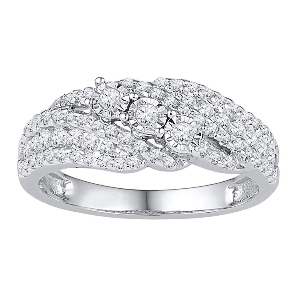 10K White Gold Womens Round Diamond 3-stone Band Ring 1/2 Cttw, Womens Size: 5-10