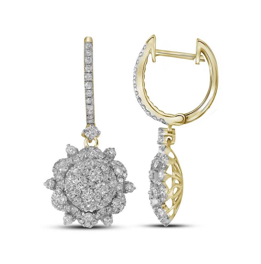 14kt Yellow Gold Womens Round Diamond Starburst Cluster Dangle Hoop Earrings 2-1/4 Cttw