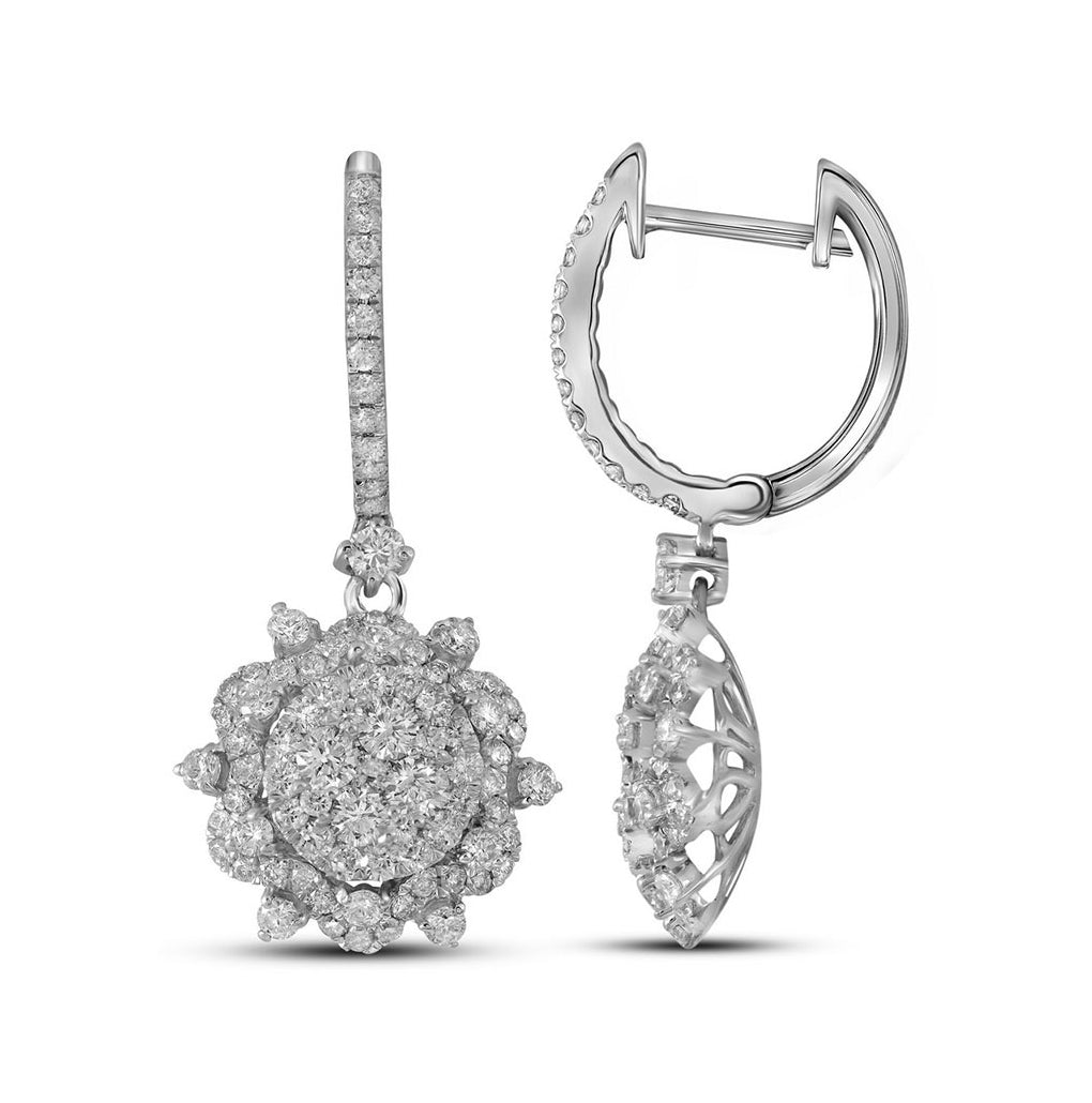 14kt White Gold Womens Round Diamond Starburst Cluster Dangle Hoop Earrings 2-1/4 Cttw